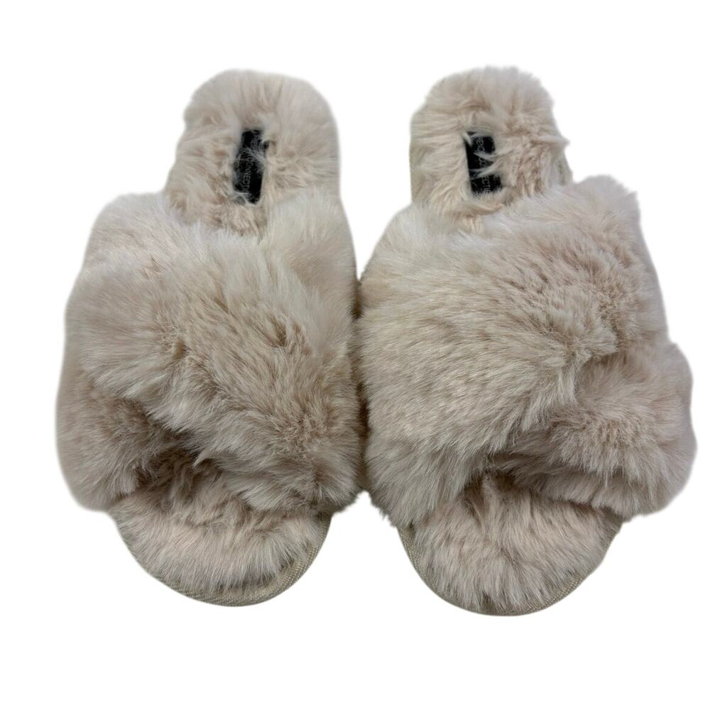 French Connection Faux Fur Slipper Sandals Women’s M 7-8 Beige Cozy Slides NEW